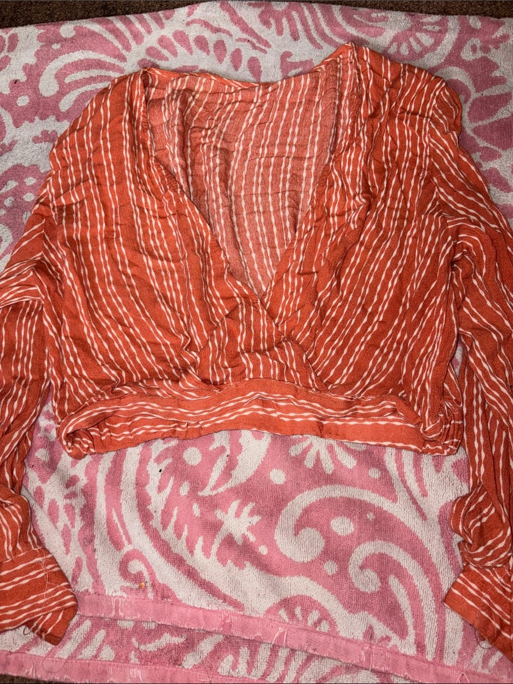 Women's Striped V-Neck Orange Long-Sleeve Top